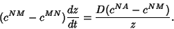 \begin{displaymath}(c^{NM} - c^{MN}) {{dz}\over{dt}} = {{D(c^{NA} -
c^{NM})}\over {z}}.\end{displaymath}