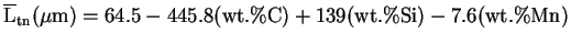 $\displaystyle {\rm\overline L_{tn}(\mu m) = 64.5 - 445.8(wt.\%C) + 139(wt.\%Si) -7.6(wt.\%Mn)}$