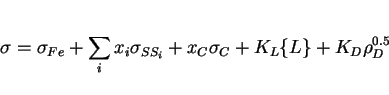 \begin{displaymath}\sigma = \sigma_{Fe} + \sum_i x_i\sigma_{SS_i} + x_C\sigma_C + K_L\{L\} + K_D \rho^{0.5}_D \end{displaymath}