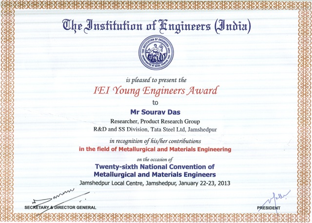 Sourav Das, Young Engineers Award, metallurgy