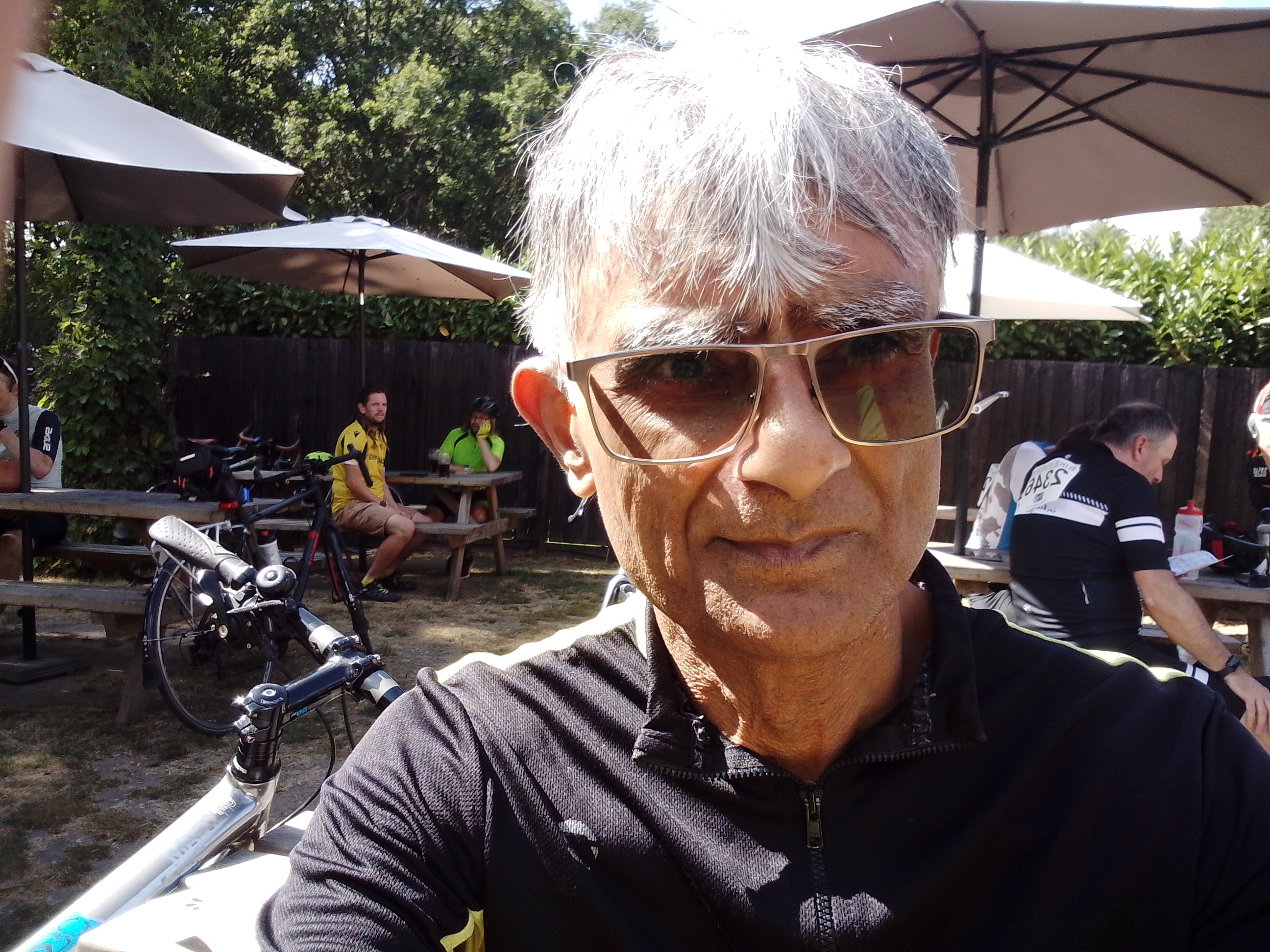 Rider portrait at a picnic table